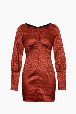 MICAS Long Sleeve Dresses|Mini Dresses-Jacquard Satin V Neck Buttons Long Sleeve Mini Dress
