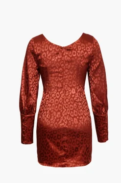 MICAS Long Sleeve Dresses|Mini Dresses-Jacquard Satin V Neck Buttons Long Sleeve Mini Dress