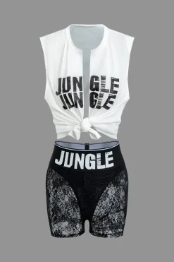 MICAS Short Sets-Jungle Print Knot Sleeveless Top And Lace Shorts Set