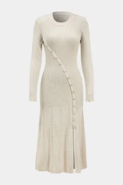 MICAS Long Sleeve Dresses|Knit Dresses-Knit Asymmetric Button Long Sleeve Dress