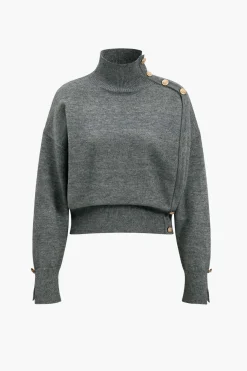 MICAS Knit Tops-Knit Asymmetrical Button Long-Sleeve Top STEEL