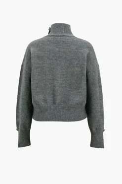 MICAS Knit Tops-Knit Asymmetrical Button Long-Sleeve Top STEEL