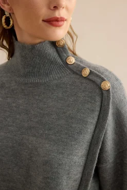 MICAS Knit Tops-Knit Asymmetrical Button Long-Sleeve Top STEEL