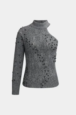 MICAS Knitwear|Knit Tops-Knit Beaded Asymmetrical One Shoulder Top DARK GRAY