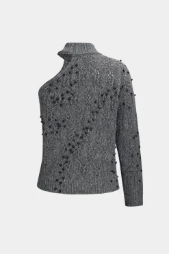 MICAS Knitwear|Knit Tops-Knit Beaded Asymmetrical One Shoulder Top DARK GRAY
