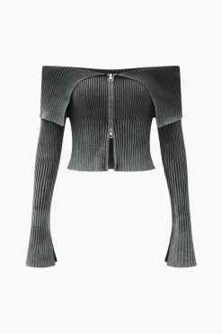 MICAS Knitwear|Knit Tops-Knit Bell Sleeves Zipper Long-Sleeve Top