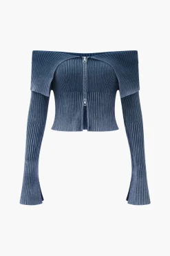 MICAS Knitwear|Knit Tops-Knit Bell Sleeves Zipper Long-Sleeve Top