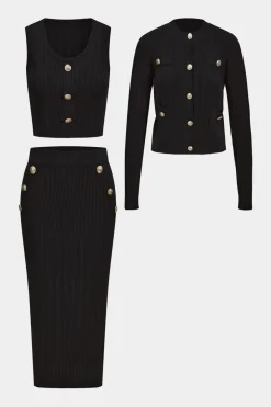MICAS Knit Sets-Knit Bottom Tank Top And Cardigan And Skirt Set