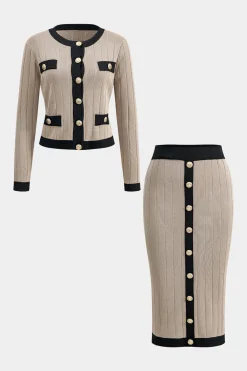 MICAS Knitwear|Knit Sets-Knit Button Cardigan And Skirt Set KHAKI