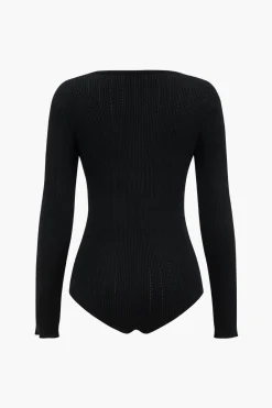MICAS Bodysuits-Knit Button Long Sleeve Bodysuit BLACK
