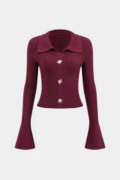 MICAS Knitwear|Knit Sets-Knit Button Metallic Long-Sleeve Top And Maxi Skirt Set BURGUNDY