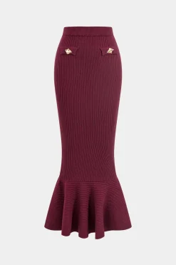 MICAS Knitwear|Knit Sets-Knit Button Metallic Long-Sleeve Top And Maxi Skirt Set BURGUNDY