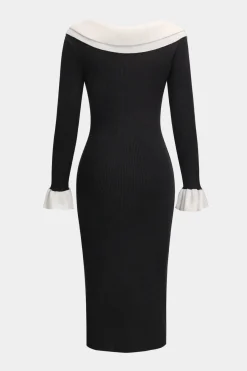 MICAS Long Sleeve Dresses|Knitwear-Knit Button Puff Patchwork Long-Sleeve Dress BLACK