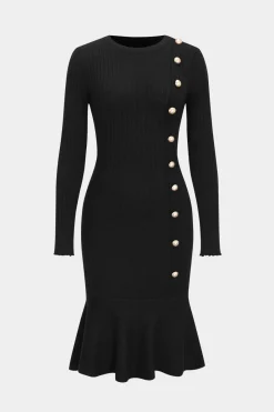 MICAS Long Sleeve Dresses|Knitwear-Knit Button Round Neck Long Sleeve Dress BLACK
