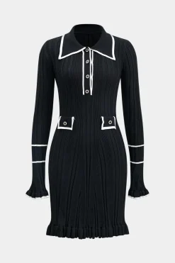 MICAS Long Sleeve Dresses|Knitwear-Knit Button Ruffles Bell Sleeve Mini Dress BLACK