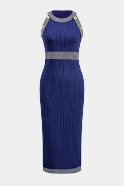 MICAS Knitwear|Knit Sets-Knit Button Sweater Cardigan And Dress Set NAVY