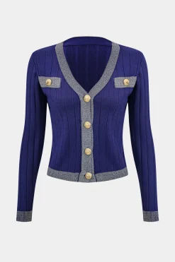 MICAS Knitwear|Knit Sets-Knit Button Sweater Cardigan And Dress Set NAVY