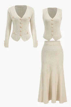 MICAS Knitwear|Knit Sets-Knit Button Vest And Cardigan And Skirt Set