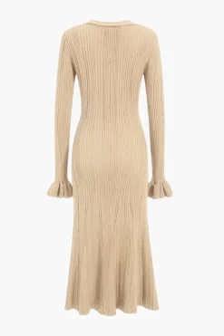 MICAS Long Sleeve Dresses|Knitwear-Knit Button V-Neck Dress
