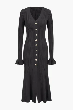 MICAS Long Sleeve Dresses|Knitwear-Knit Button V-Neck Dress