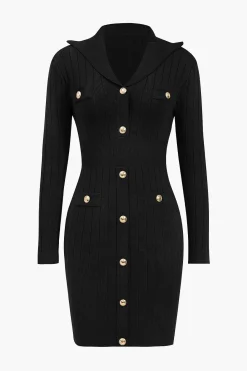 MICAS Long Sleeve Dresses|Knitwear-Knit Button V-Neck Hollow Out Long Sleeve Dress