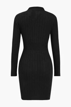 MICAS Long Sleeve Dresses|Knitwear-Knit Button V-Neck Hollow Out Long Sleeve Dress