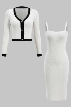 MICAS Knitwear|Knit Sets-Knit Button V-Neck Patchwork Long Sleeve Cardigan And Slip Dress Set WHITE