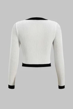 MICAS Knitwear|Knit Sets-Knit Button V-Neck Patchwork Long Sleeve Cardigan And Slip Dress Set WHITE