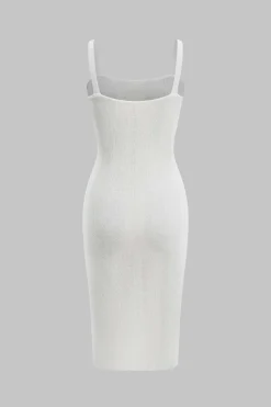 MICAS Knitwear|Knit Sets-Knit Button V-Neck Patchwork Long Sleeve Cardigan And Slip Dress Set WHITE