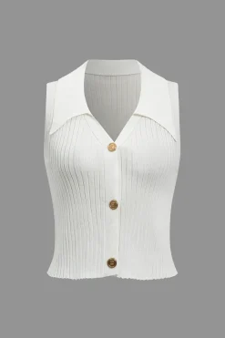 MICAS Knitwear|Knit Tops-Knit Button V-Neck Tank Top WHITE