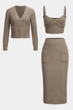 MICAS Knitwear|Knit Sets-Knit Cami Top And Cardigan And Skirt Set KHAKI