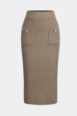 MICAS Knitwear|Knit Sets-Knit Cami Top And Cardigan And Skirt Set KHAKI