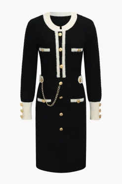 MICAS Long Sleeve Dresses|Knitwear-Knit Chain Button Long Sleeve Dress