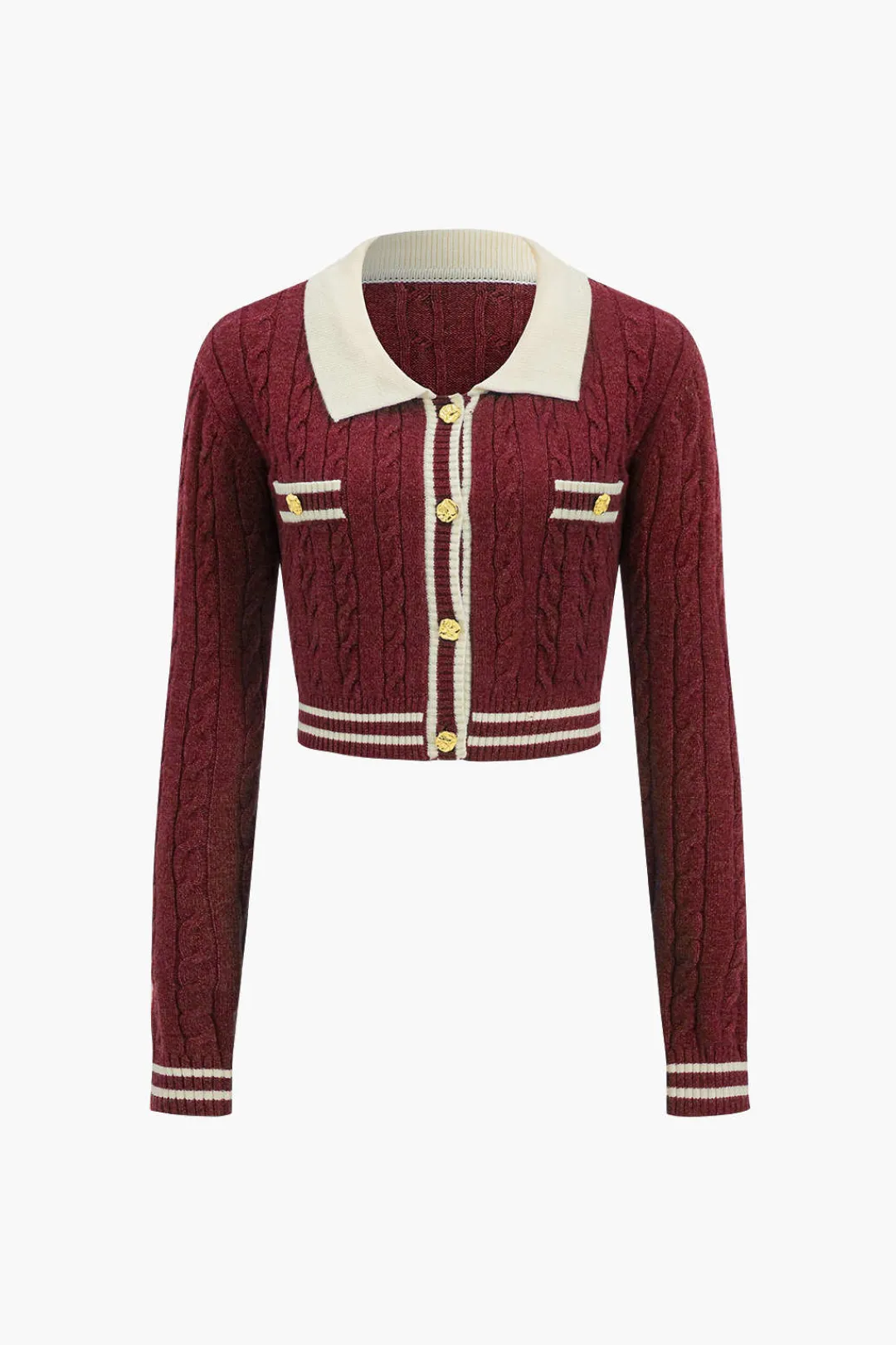 MICAS Knitwear|Knit Tops-Knit Color Block Button Fake Pockets Long-Sleeve Top