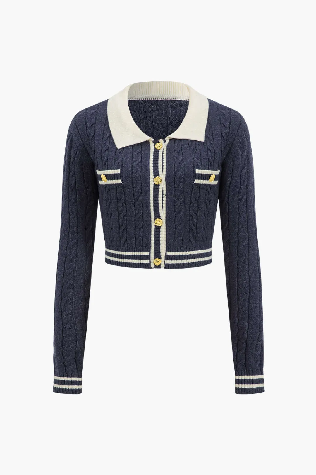 MICAS Knitwear|Knit Tops-Knit Color Block Button Fake Pockets Long-Sleeve Top