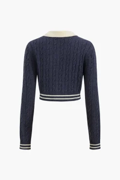 MICAS Knitwear|Knit Tops-Knit Color Block Button Fake Pockets Long-Sleeve Top