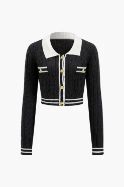 MICAS Knitwear|Knit Tops-Knit Color Block Button Fake Pockets Long-Sleeve Top