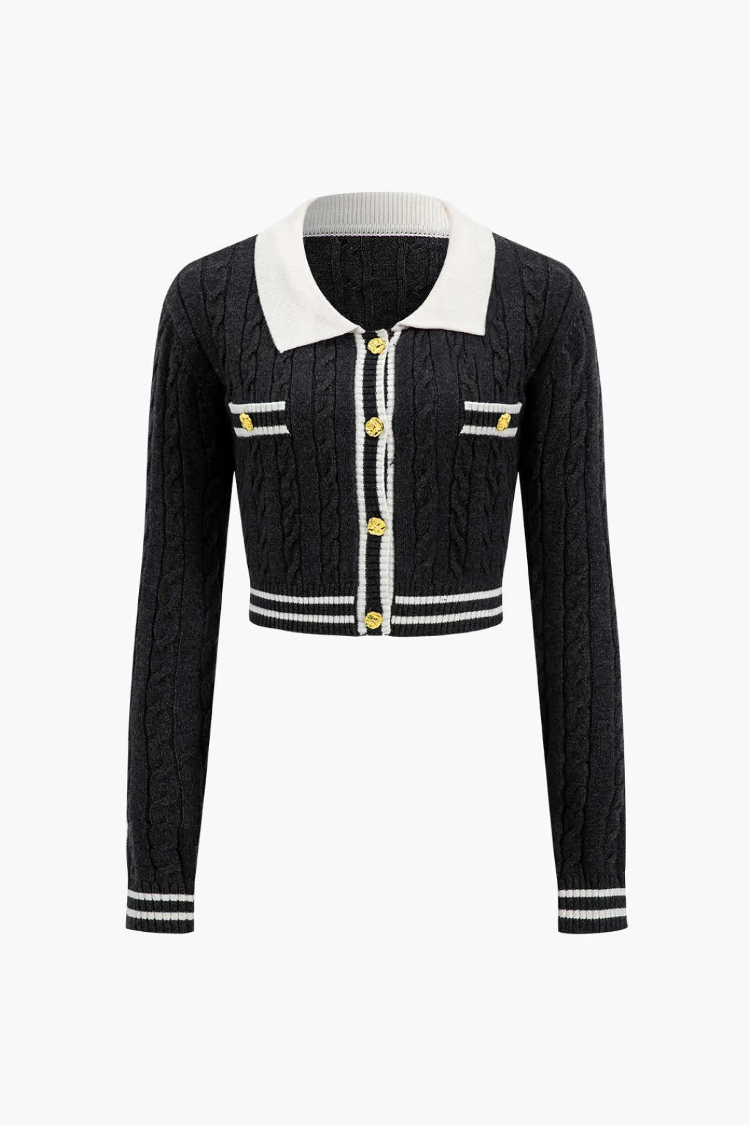 MICAS Knitwear|Knit Tops-Knit Color Block Button Fake Pockets Long-Sleeve Top