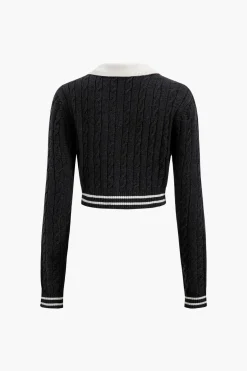 MICAS Knitwear|Knit Tops-Knit Color Block Button Fake Pockets Long-Sleeve Top