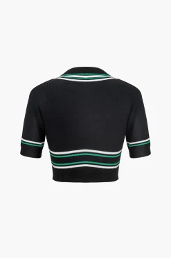 MICAS Knit Tops-Knit Color Block V-neck Short-Sleeve Top