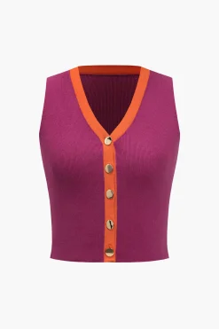 MICAS Knitwear|Knit Sets-Knit Color-Block Button Tank Top And Skirt Set RASPBERRY