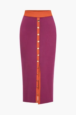 MICAS Knitwear|Knit Sets-Knit Color-Block Button Tank Top And Skirt Set RASPBERRY