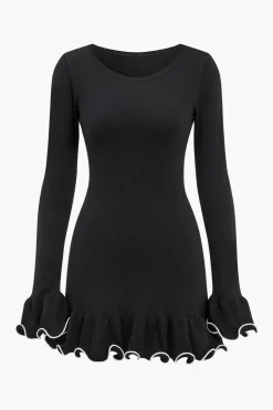 MICAS Long Sleeve Dresses|Knitwear-Knit Contrast Whipstitching Dress