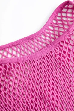 MICAS Knitwear|Knit Dresses-Knit Cut Out Sheer Short Sleeve Dress DEEP PINK