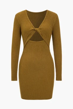 MICAS Long Sleeve Dresses|Knitwear-Knit Cut Out Twist Knot V-Neck Long Sleeve Dress TAN