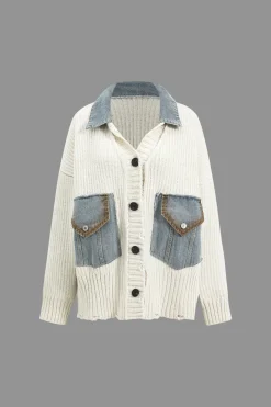 MICAS Outerwear|Knitwear-Knit Denim Patchwork Cardigan IVORY