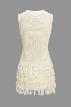 MICAS Knitwear|Knit Dresses-Knit Fringe Sleeveless Mini Dress BEIGE