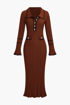 MICAS Long Sleeve Dresses|Knitwear-Knit Long Sleeve Button Dress