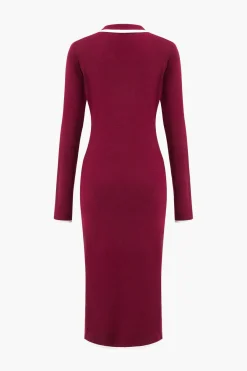 MICAS Long Sleeve Dresses|Knit Dresses-Knit Long Sleeve Button Pocket Dress