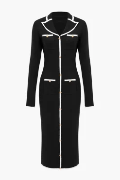 MICAS Long Sleeve Dresses|Knit Dresses-Knit Long Sleeve Button Pocket Dress
